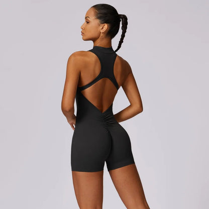 Curvzz SculptFit Scrunch Back Yoga Jumpsuit – Zipper Waist Compression Shorts Black S - curvzz