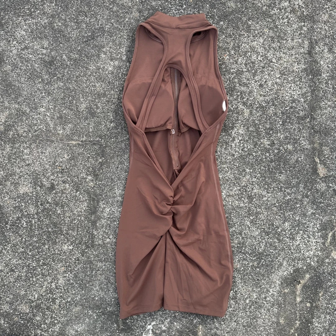 Curvzz SculptFit Scrunch Back Yoga Jumpsuit – Zipper Waist Compression Shorts Chestnut S - curvzz