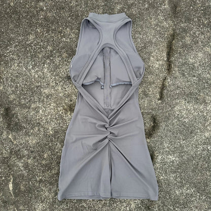 Curvzz SculptFit Scrunch Back Yoga Jumpsuit – Zipper Waist Compression Shorts Gray S - curvzz