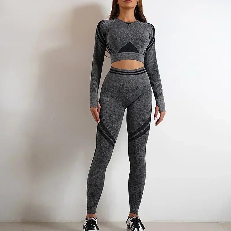 Curvzz SculptFit Seamless Yoga Set – High Waist Hip Lift Backless Long Sleeve Dark Gray Pants Set S - curvzz