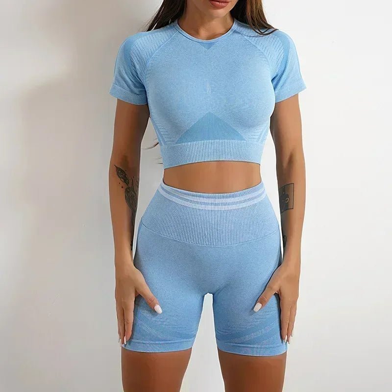 Curvzz SculptFit Seamless Yoga Set – High Waist Hip Lift Backless Long Sleeve Lake Blue Shorts Set S - curvzz