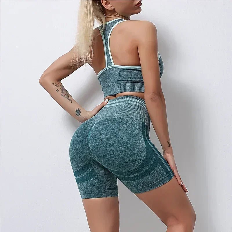 Curvzz SculptFit Seamless Yoga Set – High Waist Hip Lift Backless Long Sleeve Lake Blue Set S - curvzz