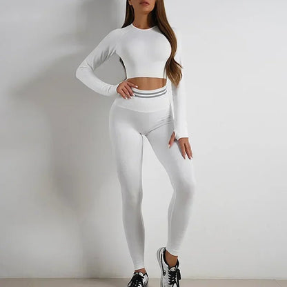 Curvzz SculptFit Seamless Yoga Set – High Waist Hip Lift Backless Long Sleeve White Pants Set S - curvzz