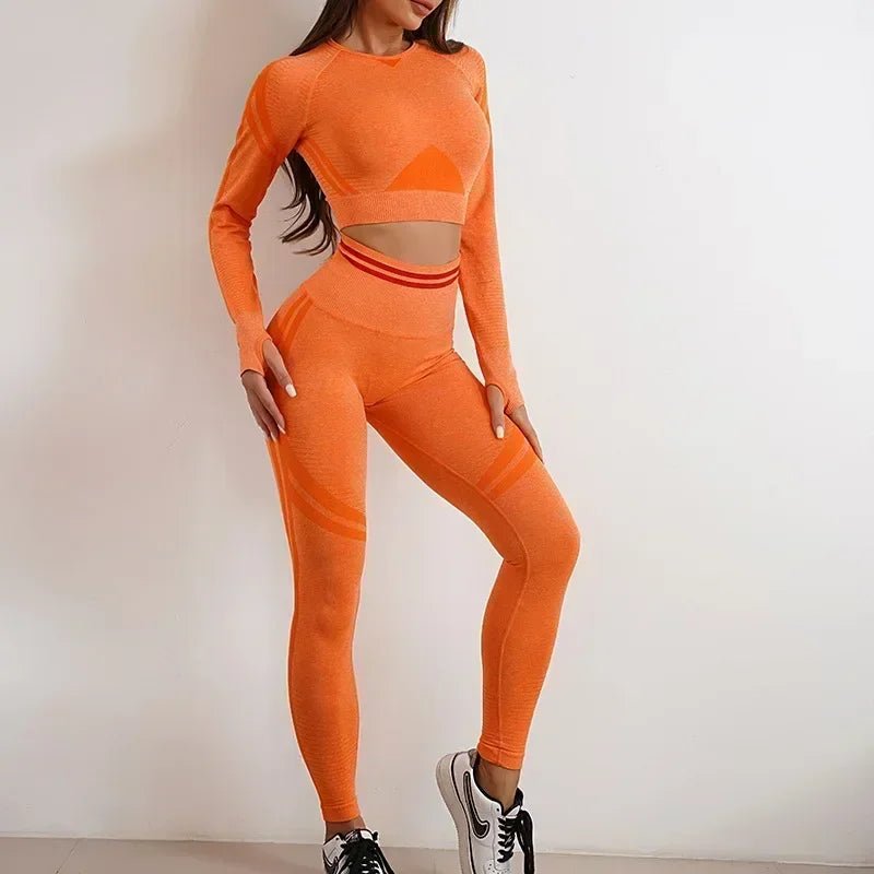 Curvzz SculptFit Seamless Yoga Set – High Waist Hip Lift Backless Long Sleeve Orange Pants Set S - curvzz