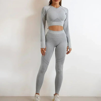 Curvzz SculptFit Seamless Yoga Set – High Waist Hip Lift Backless Long Sleeve Gray Pants Set S - curvzz
