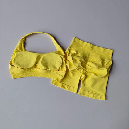 Curvzz SculptLift Halter Back Yoga Set – High - Waist Peach Lift Yellow S - curvzz