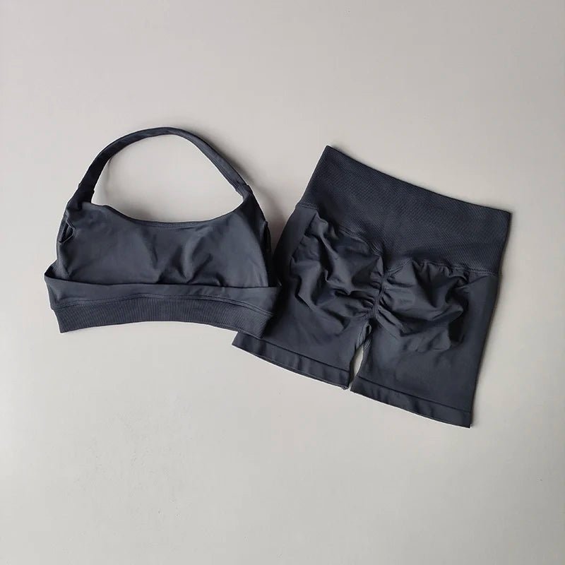 Curvzz SculptLift Halter Back Yoga Set – High - Waist Peach Lift GrayBlue S - curvzz