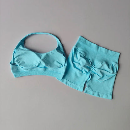 Curvzz SculptLift Halter Back Yoga Set – High - Waist Peach Lift LakeBlue S - curvzz