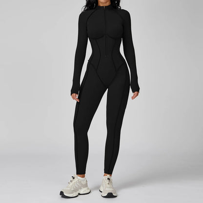 Curvzz SculptZip Long Sleeve Yoga Bodysuit – Zipper Front, Tummy Control Advanced Black S - curvzz