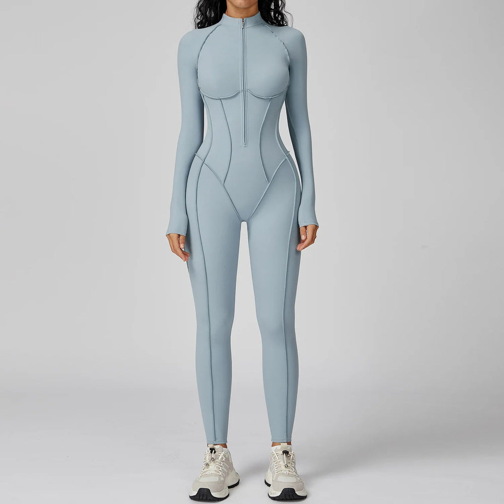 Curvzz SculptZip Long Sleeve Yoga Bodysuit – Zipper Front, Tummy Control Sea Salt Blue S - curvzz