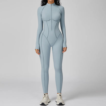 Curvzz SculptZip Long Sleeve Yoga Bodysuit – Zipper Front, Tummy Control Sea Salt Blue S - curvzz