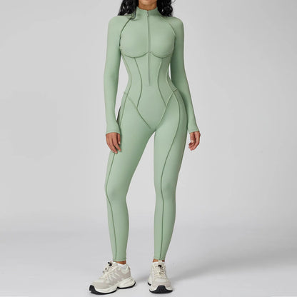 Curvzz SculptZip Long Sleeve Yoga Bodysuit – Zipper Front, Tummy Control Stone Green S - curvzz