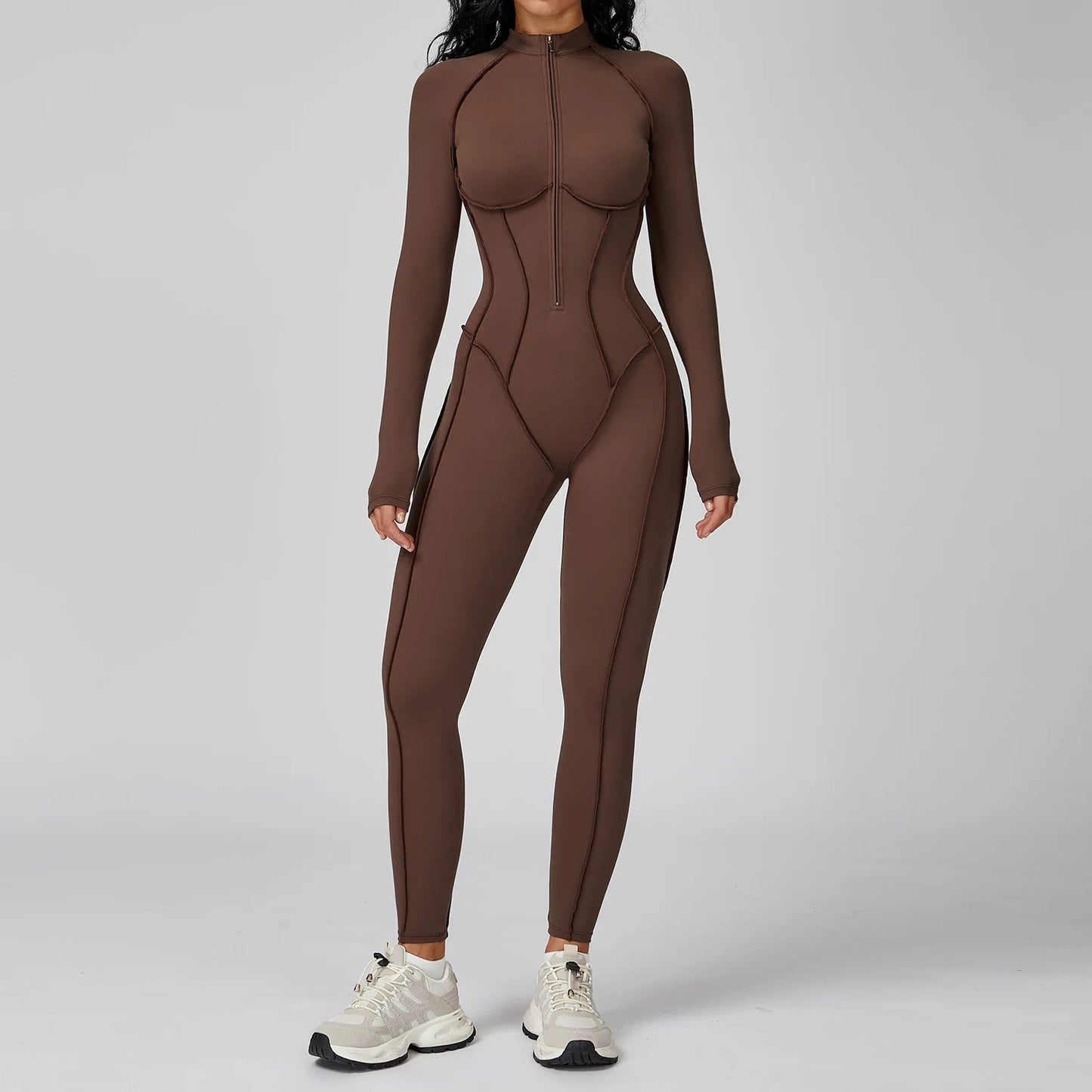 Curvzz SculptZip Long Sleeve Yoga Bodysuit – Zipper Front, Tummy Control Chocolate S - curvzz